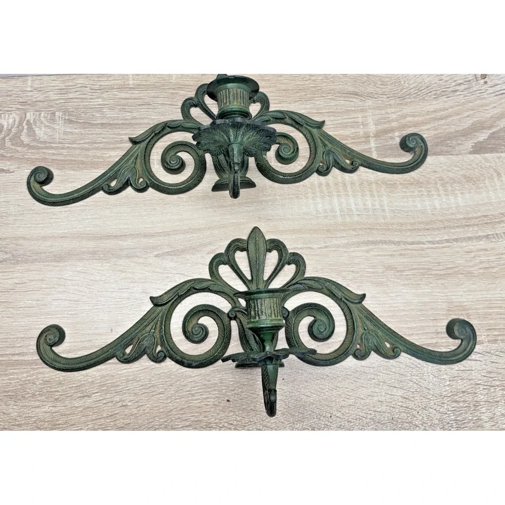 Wrought Iron Wall Sconce Pair Green Scroll Leaf Candle Holders Rustic Gothic Dec